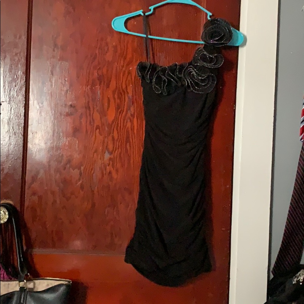 One shoulder black ruffle sparkle dress